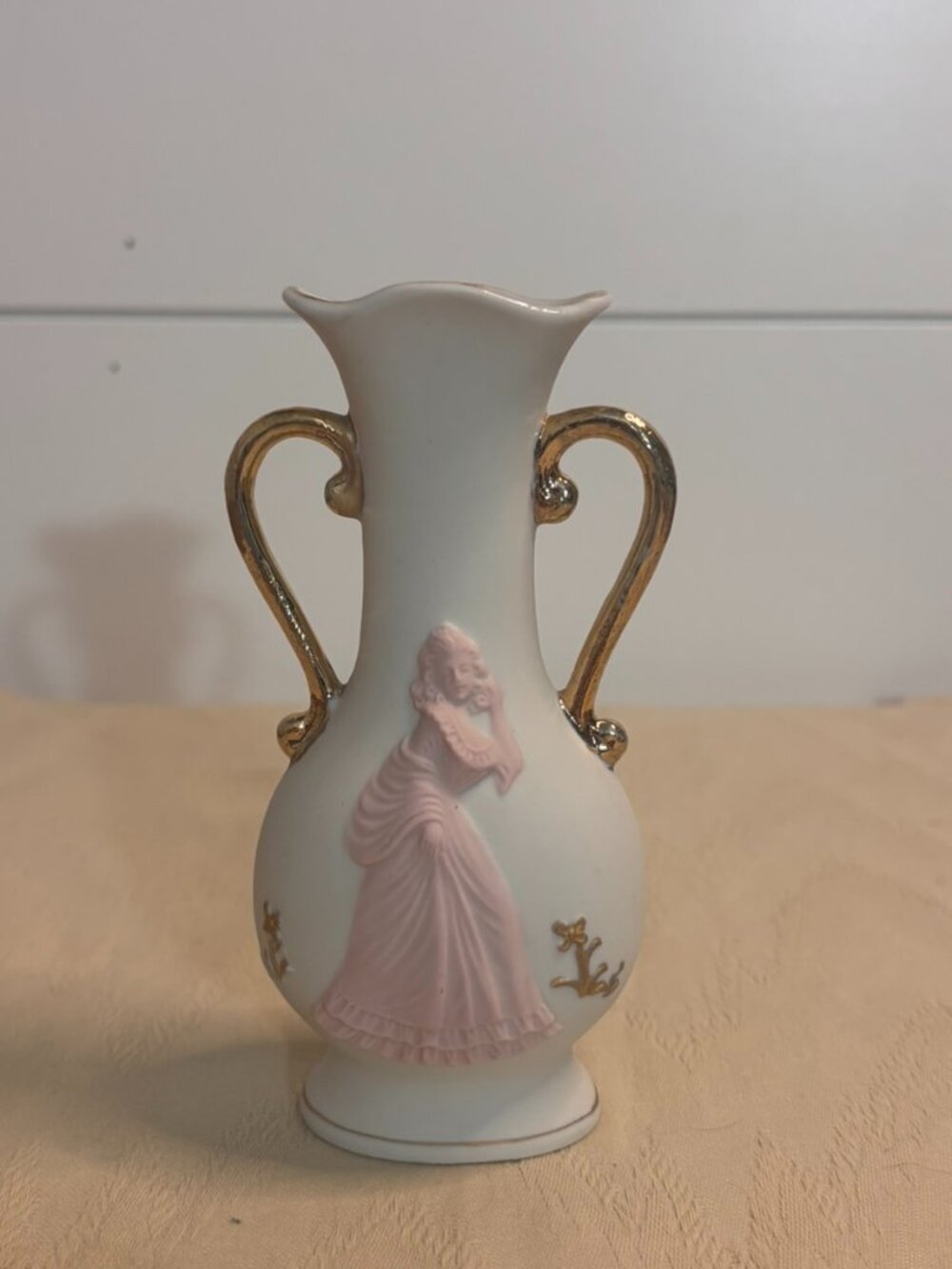 VTG UCGC Japan Porcelain Bud Vase Pink Cameo Lady Gold Handles